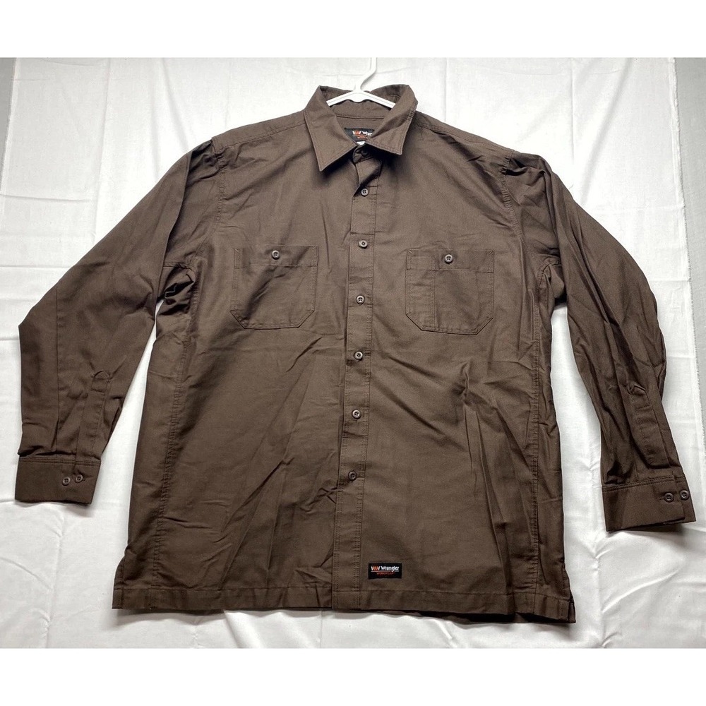 Wrangler Workwear Shirt Mens XL Brown Long Sleeve Cotton Patch Pockets Button Up
